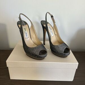 Silver Jimmy Choo open toe heels
